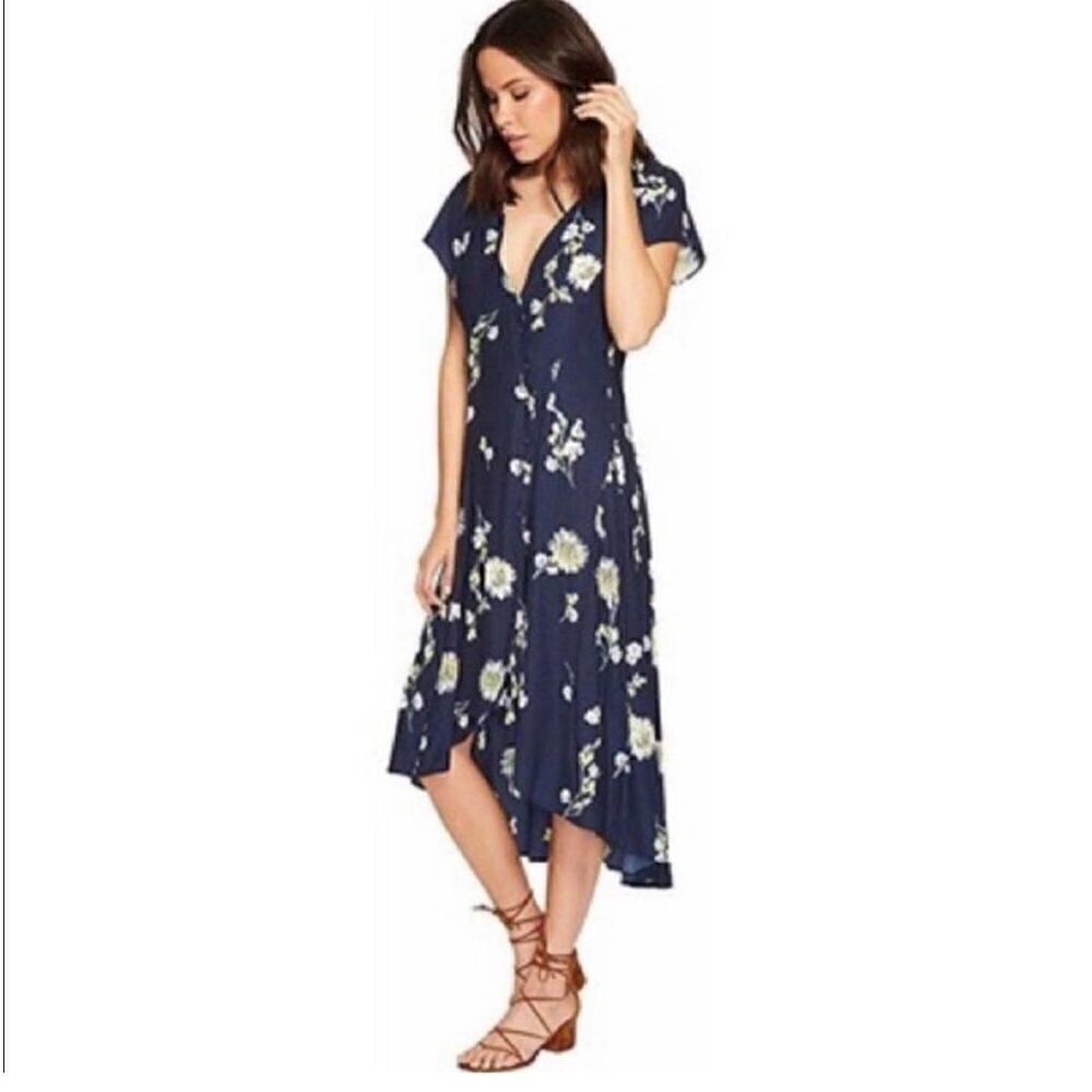 Free People Floral Wrap Lost in Your Midi Blue Asymmetrical Button Dress Size XS